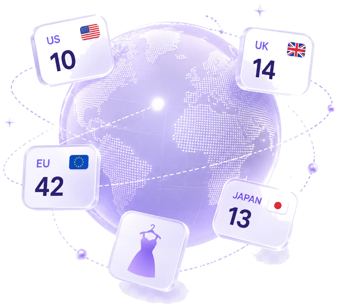Globe with US, UK, EU and Japan clothing size cards